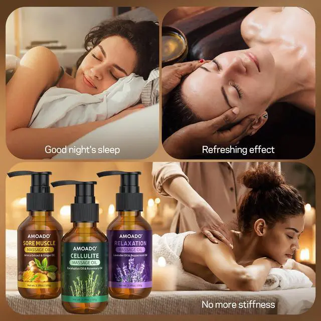 Alt view image 7 of 7 - Massage Oil for Massage Therapy, Arnica & Ginger Oil, Lavender & Mint Oil, Eucalyptus & Rosemary Essential Oils, Sore Muscle Relief, Anti Cellulite, Relaxation, Body Massage Oils Spa Gift Set, 10.5oz