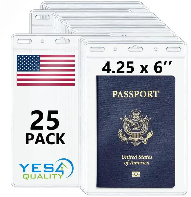 Main image of Vertical Passport & ID Badge Holder - 4x6 Inch, 25 Pack - Clear Name Badge Holders for Travel, Work & Events - Zipperless Card Protector for Vaccination Cards, Tickets & Credentials
