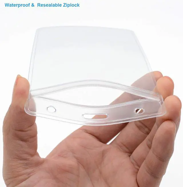 Alt view image 2 of 7 - 10 Pack Waterproof ID Badge Holders (Fits 3x5 in Inserts), Sealable Badge Holder with Zipper, Clear Plastic Name tag Holder, Vinyl ID Card Protector
