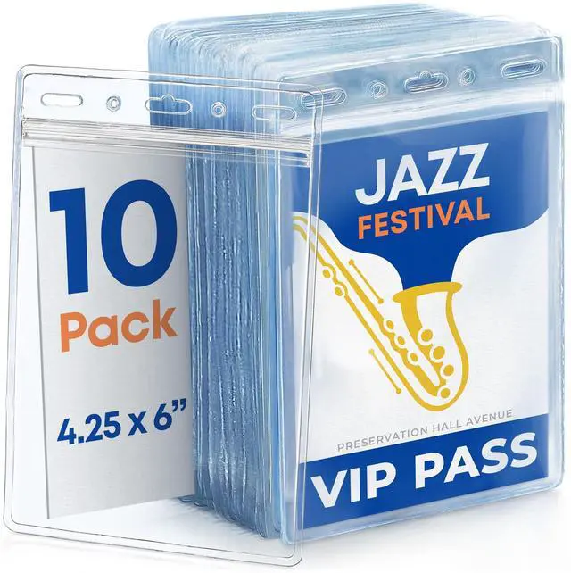 Main image of Vertical Passport & ID Badge Holders - 4x6 Inch, 10 Pack - Clear Zippered Name Card Holder for Travel, Work & Events - Extra Large Name Badges - Resealable & Waterproof Protector
