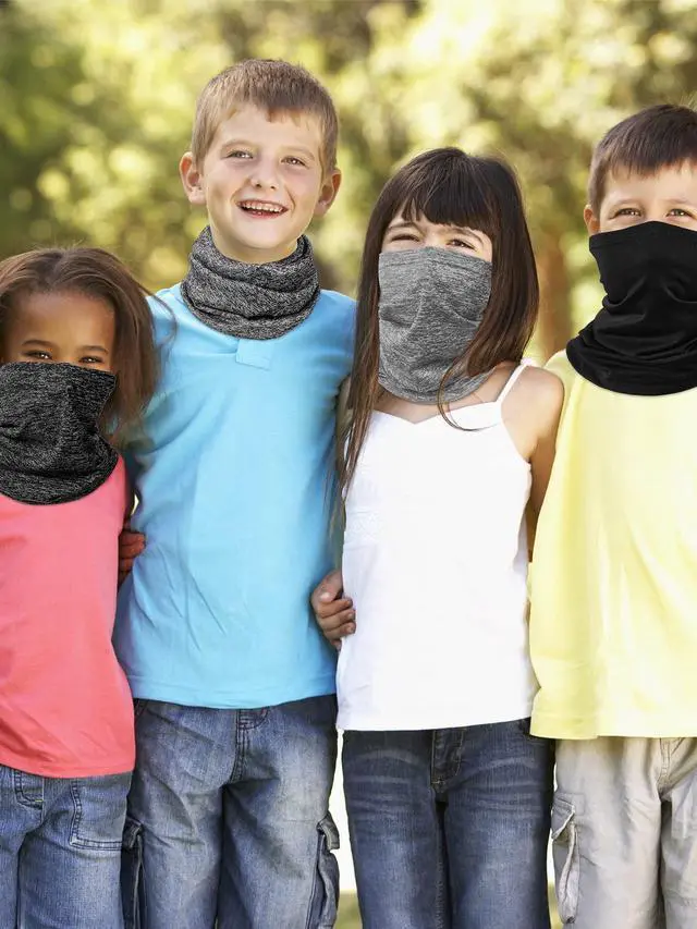 Alt view image 7 of 7 - 4 Pieces Kids Summer Neck Gaiter Unisex Cooling Face Cover Scarf Breathable Sun Bandana Fishing Cycling Mask(Black, Grey, Light Grey, Lined Black)