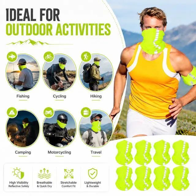 Alt view image 6 of 6 - 8 Pcs Neck Gaiter Face Mask, Reflective Summer UV Protection Cooling Scarf Neon Breathable Bandana for Men Women(Fluorescent Yellow,Polyester)