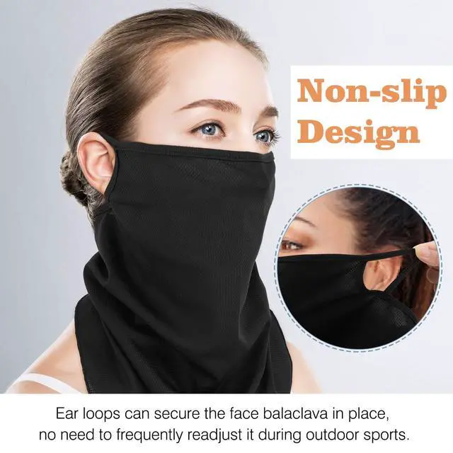 Alt view image 4 of 7 - Scarf Mask Bandana with Ear Loops 3 Pack, Neck Gaiter Balaclava UV Sun Protection Face Mask for Dust Wind Outdoors Motorcycle Cycle Bandana Headband for Women Men - Black