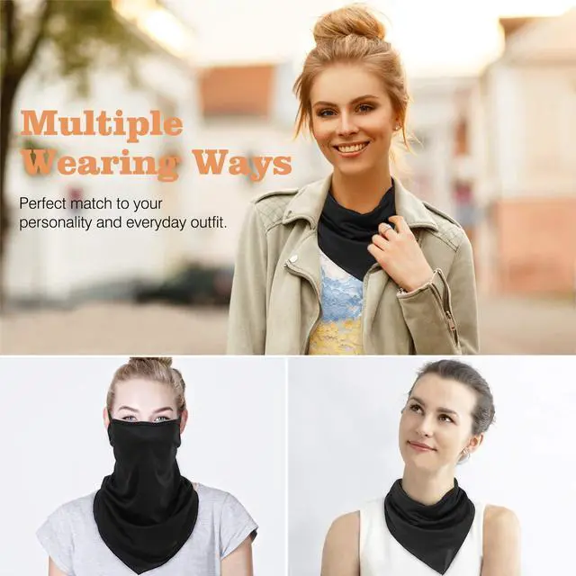 Alt view image 6 of 7 - Scarf Mask Bandana with Ear Loops 3 Pack, Neck Gaiter Balaclava UV Sun Protection Face Mask for Dust Wind Outdoors Motorcycle Cycle Bandana Headband for Women Men - Black