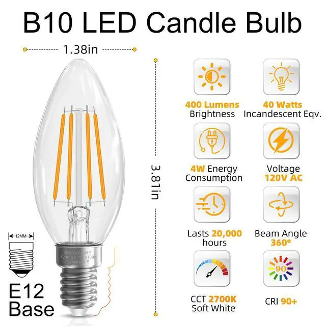 Alt view image 2 of 7 - E12 Candelabra Bulb 40 watt Equivalent, E12 LED Bulb Dimmable Chandelier Light Bulbs, B10 Candle Light Bulbs 2700K Soft White, 90+CRI, 400LM, Clear Glass, 12 Pack