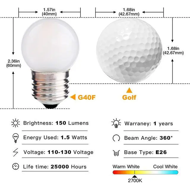 Alt view image 3 of 7 - G40 1.5w Low Wattage Led Bulb Equivalent 15 Watt Standard E26 Base G14 Small Low Power Light Bulb, Frosted, Warm White 2700k, CRI 90+, 150lm, Pack of 2