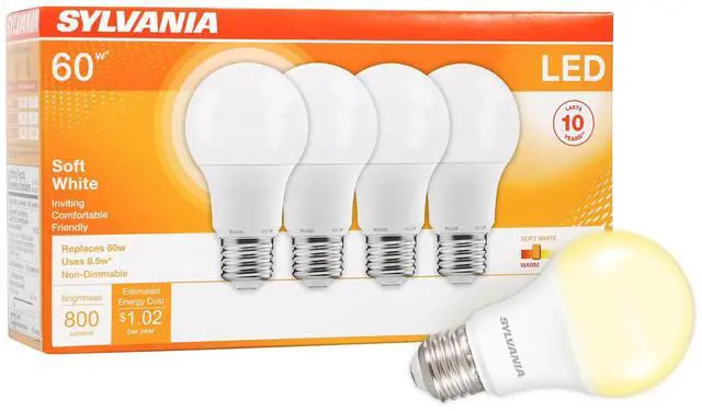 Main image of Sylvania LED Light Bulb, 60W Equivalent A19, Efficient 8.5W, Medium Base, Frosted Finish, 800 Lumens, Soft White - 4 Pack (73888)