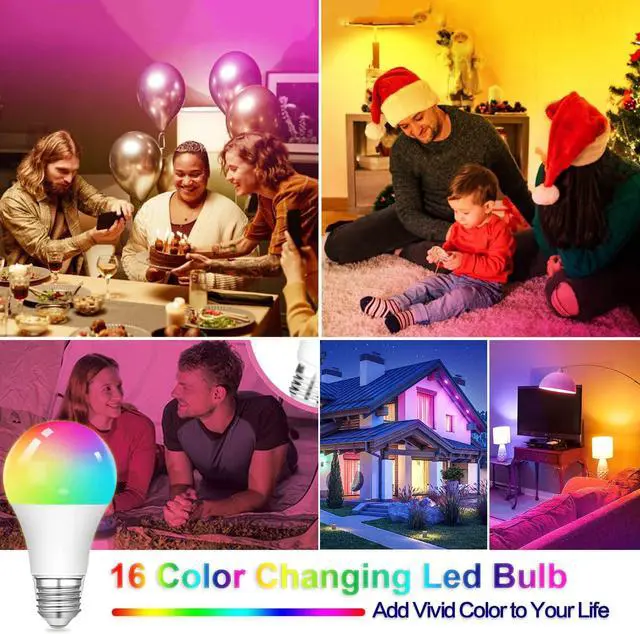 Alt view image 6 of 7 - RGB Color Changing Light Bulbs,9W RGB LED Light Bulbs,40W Equivalent A19 E27/E26 Warm White 6500K,16 Color Multicolor Light Bulb Dimmable Light for Home Party Bedroom Outdoor(1Pack)