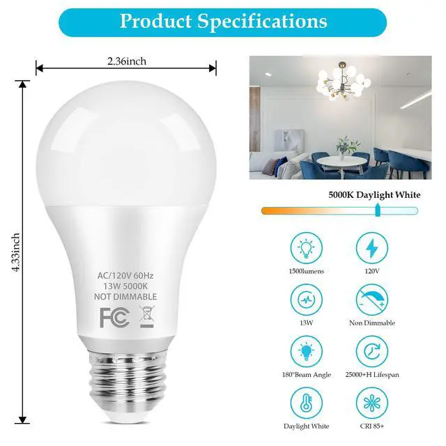 Alt view image 2 of 7 - A19 LED Light Bulb, 100 Watt Equivalent LED Bulbs, 13W Daylight White 5000K, 1500LM, E26 Standard Base Non-Dimmable White LED Light Bulb, CRI 85+, 4-Pack