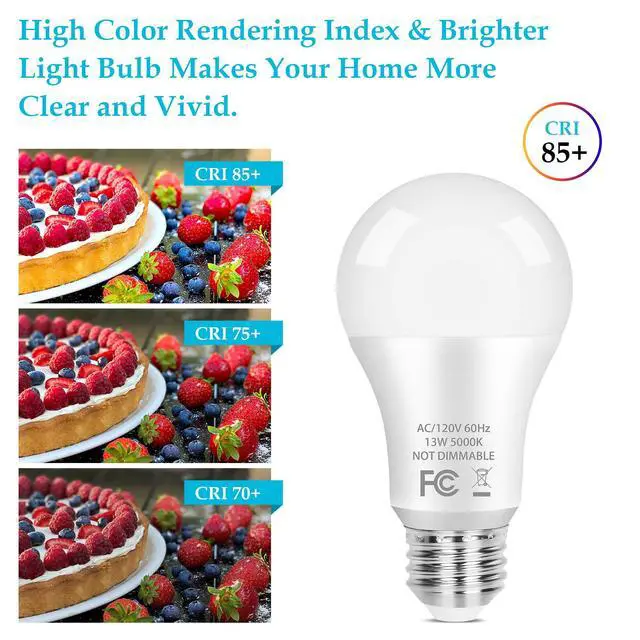 Alt view image 4 of 7 - A19 LED Light Bulb, 100 Watt Equivalent LED Bulbs, 13W Daylight White 5000K, 1500LM, E26 Standard Base Non-Dimmable White LED Light Bulb, CRI 85+, 4-Pack
