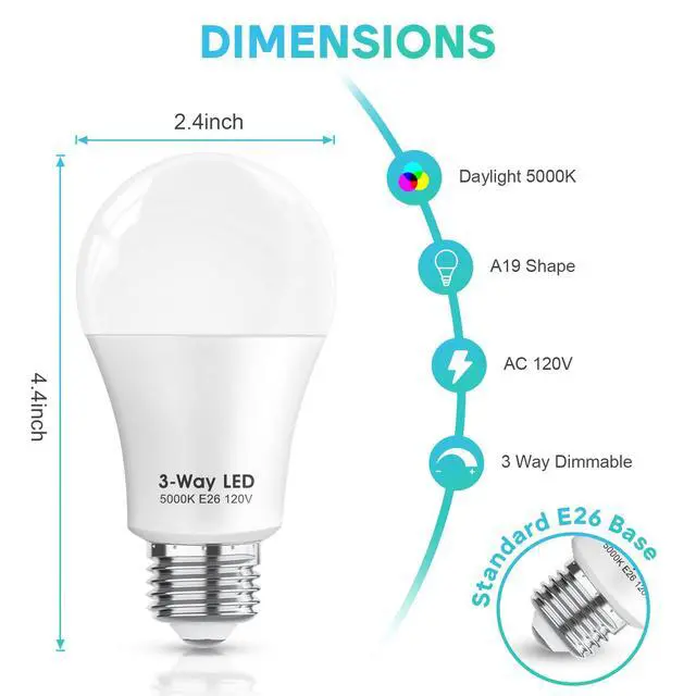 Alt view image 7 of 7 - 3 Way LED Light Bulbs 50 100 150W Equivalent, Daylight White 5000K 3 Way Light Bulbs, A19 Three Way Light Bulb,E26 Base LED Light Bulb for Reading,Living Room-2 Pack
