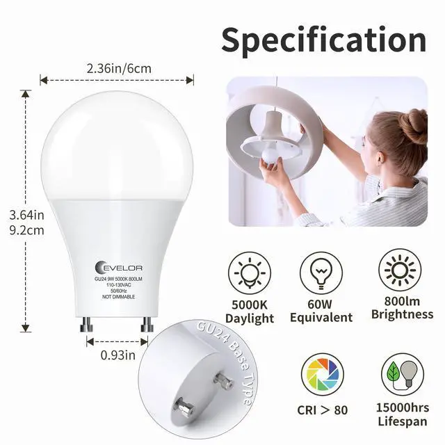 Alt view image 2 of 7 - GU24 LED Light Bulb,60 Watt Equivalent Daylight White 5000K,Non-Dimmable,Efficient 9W,800 Lumens Twist and Lock 2 Prong Light Bulbs,15000 Hours,Ideal for Kitchen,Living Room,Bedroom, 4-Packs