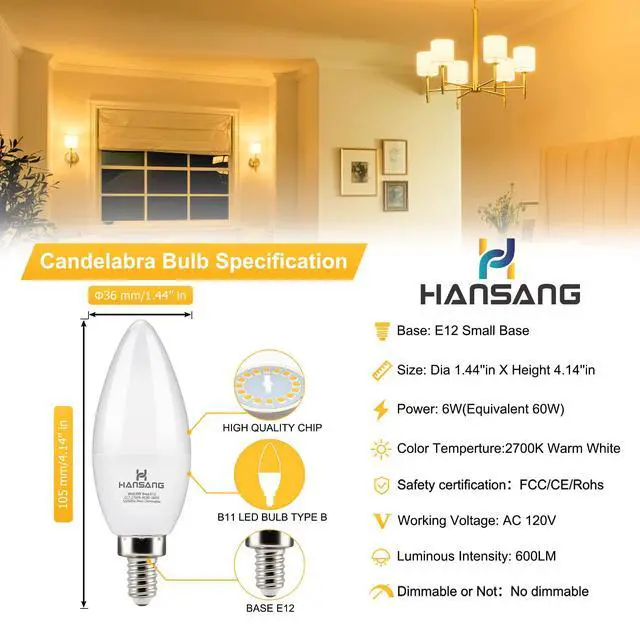Alt view image 3 of 7 - E12 Candelabra LED Light Bulbs, 60 Watt Equivalent, Warm White 2700K, Type B Light Bulb E12 Small Base 600LM 120VAC CRI85+, Candle B11 Shape for Chandelier Ceiling Fan, Non-Dimmable, 6 Pack