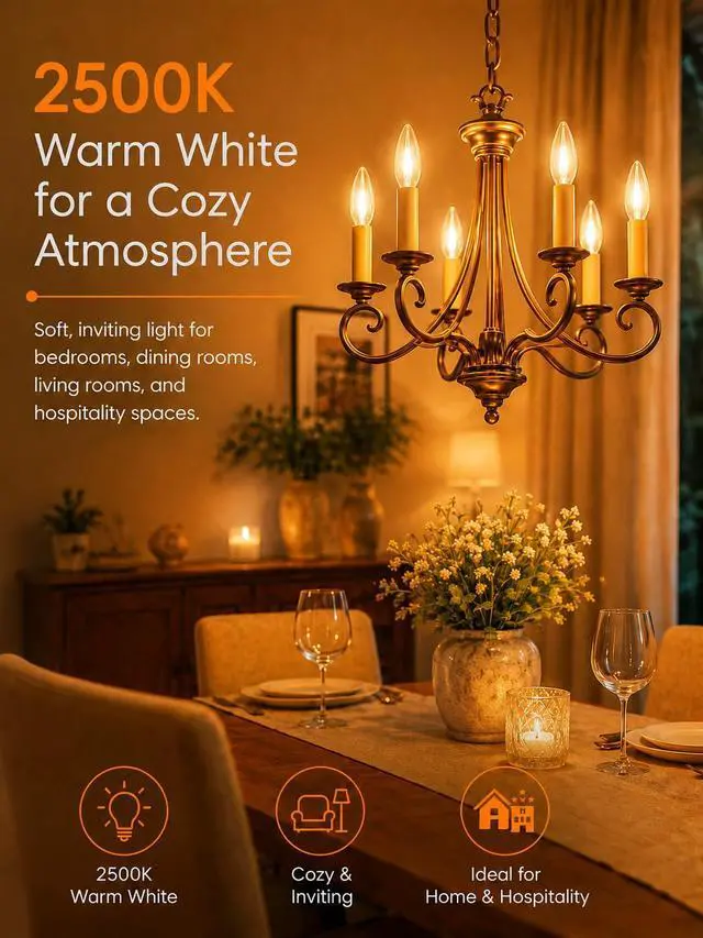 Alt view image 2 of 7 - E12 60 Watt Incandescent Candle Light Bulbs, Chandelier Light Bulbs for Ceiling Fan, Vanity, Outdoor - Warm White 2500K, 600 Lumen Dimmable B10 Clear Candelabra Base Bulbs (12 Pack)
