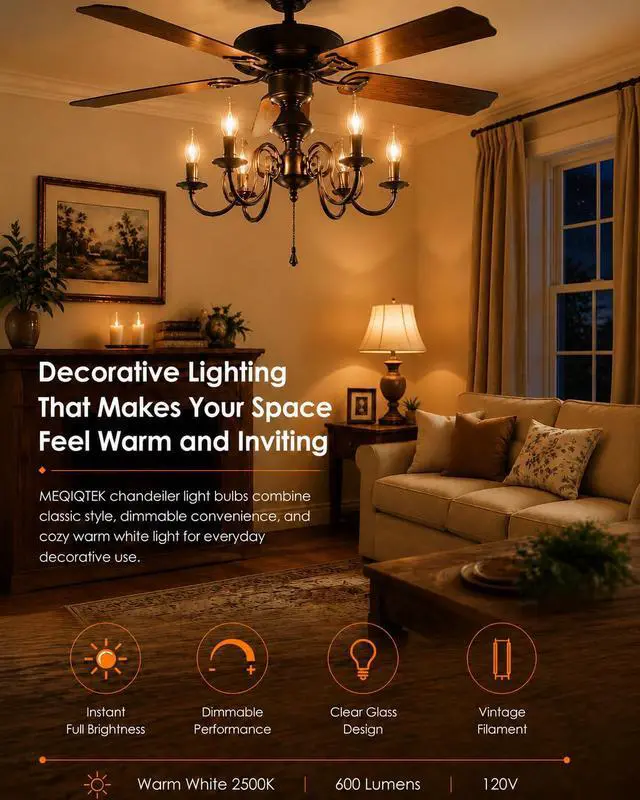 Alt view image 4 of 7 - E12 60 Watt Incandescent Candle Light Bulbs, Chandelier Light Bulbs for Ceiling Fan, Vanity, Outdoor - Warm White 2500K, 600 Lumen Dimmable B10 Clear Candelabra Base Bulbs (12 Pack)