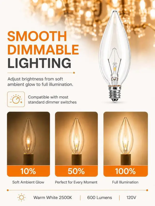 Alt view image 5 of 7 - E12 60 Watt Incandescent Candle Light Bulbs, Chandelier Light Bulbs for Ceiling Fan, Vanity, Outdoor - Warm White 2500K, 600 Lumen Dimmable B10 Clear Candelabra Base Bulbs (12 Pack)