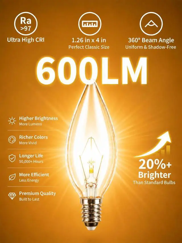 Alt view image 3 of 7 - E12 60 Watt Incandescent Candle Light Bulbs, Chandelier Light Bulbs for Ceiling Fan, Vanity, Outdoor - Warm White 2500K, 600 Lumen Dimmable B10 Clear Candelabra Base Bulbs (12 Pack)