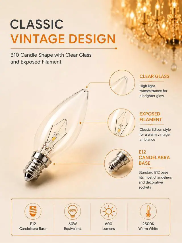 Alt view image 7 of 7 - E12 60 Watt Incandescent Candle Light Bulbs, Chandelier Light Bulbs for Ceiling Fan, Vanity, Outdoor - Warm White 2500K, 600 Lumen Dimmable B10 Clear Candelabra Base Bulbs (12 Pack)