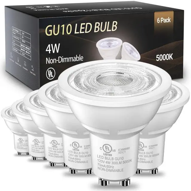 Main image of GU10 LED Light Bulbs Non-Dimmable, 4W, 5000K Daylight White, 300LM, Equivalent 35W, 2 Prong GU10 Bulbs Replacement for Recessed Track Lighting, MR16 LED Bulb for Living Room, Range Hood, 6 Pack
