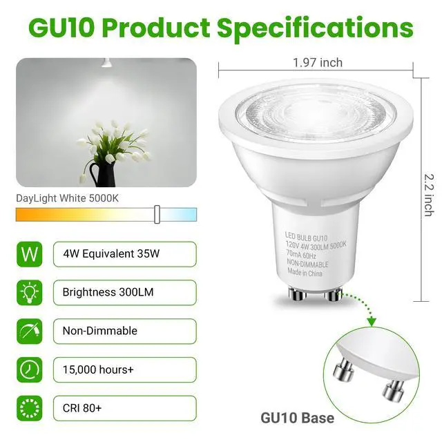 Alt view image 2 of 7 - GU10 LED Light Bulbs Non-Dimmable, 4W, 5000K Daylight White, 300LM, Equivalent 35W, 2 Prong GU10 Bulbs Replacement for Recessed Track Lighting, MR16 LED Bulb for Living Room, Range Hood, 6 Pack