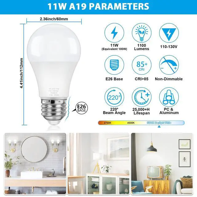 Alt view image 2 of 7 - 4-Pack A19 LED Light Bulbs, 100W Equivalent LED Bulb, 5000K 1100Lumen Light Bulb 11W, Non-Dimmable E26 Frosted Lighting, CRI 85+, No Flicker