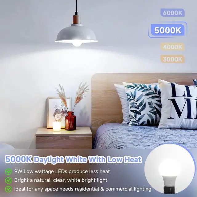 Alt view image 2 of 7 - A19 LED Light Bulbs, 60 Watt Equivalent LED Bulb, Daylight White 5000K, 850 Lumen, E26 Base, Non-Dimmable, 9W Bright White LED Bulb, 4-Pack