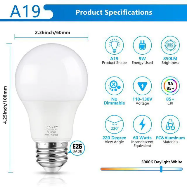 Alt view image 4 of 7 - A19 LED Light Bulbs, 60 Watt Equivalent LED Bulb, Daylight White 5000K, 850 Lumen, E26 Base, Non-Dimmable, 9W Bright White LED Bulb, 4-Pack