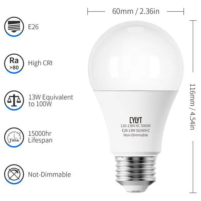 Alt view image 3 of 7 - 100W Equivalent Bright LED Light Bulbs, Daylight White 5000K A19 Lightbulbs, Focos LED para Casa, for Kitchen Bedroom Indoor, 1500 Lumens, E26 Standard Base, 4-Pack, Non-Dimmable