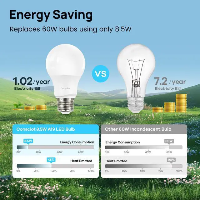 Alt view image 3 of 7 - A19 LED Light Bulb,60W Equivalent,8.5W 3000K Warm White,E26 Base,800 Lumens Non-Dimmable,Energy Efficient LED Light Bulbs,UL Listed for Home Lighting,5-Pack
