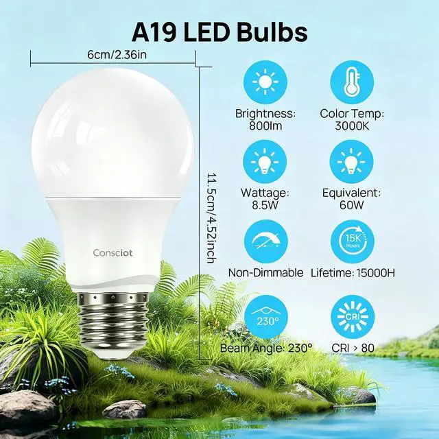 Alt view image 2 of 7 - A19 LED Light Bulb,60W Equivalent,8.5W 3000K Warm White,E26 Base,800 Lumens Non-Dimmable,Energy Efficient LED Light Bulbs,UL Listed for Home Lighting,5-Pack