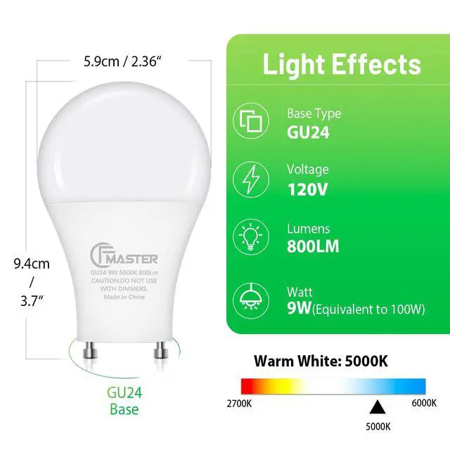 Alt view image 2 of 7 - GU24 LED Light Bulb, 5000K Daylight, 9W(100W Equivalent), 800 Lumens, A19 Shape GU 24 LED Bulbs, Twist and Lock GU24 Pin Base with Two Prongs, Non-Dimmable, UL ETL Certificated(4-Pack)