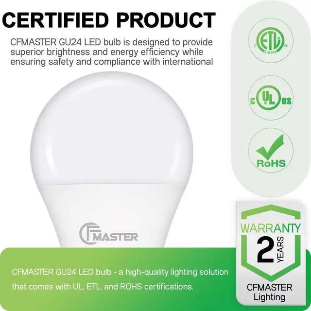 Alt view image 3 of 7 - GU24 LED Light Bulb, 5000K Daylight, 9W(100W Equivalent), 800 Lumens, A19 Shape GU 24 LED Bulbs, Twist and Lock GU24 Pin Base with Two Prongs, Non-Dimmable, UL ETL Certificated(4-Pack)