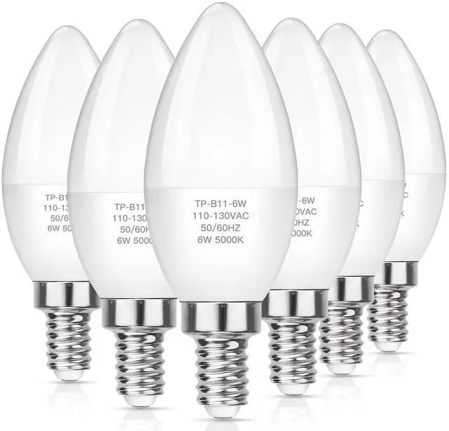 Main image of E12 LED Candelabra Light Bulbs 60W Equivalent, Daylight White 5000K 600 Lumen Chandelier Bulb, 6W B11 Candle Base, Non-Dimmable, Pack of 6