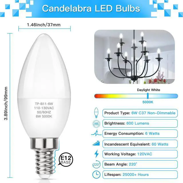 Alt view image 2 of 7 - E12 LED Candelabra Light Bulbs 60W Equivalent, Daylight White 5000K 600 Lumen Chandelier Bulb, 6W B11 Candle Base, Non-Dimmable, Pack of 6