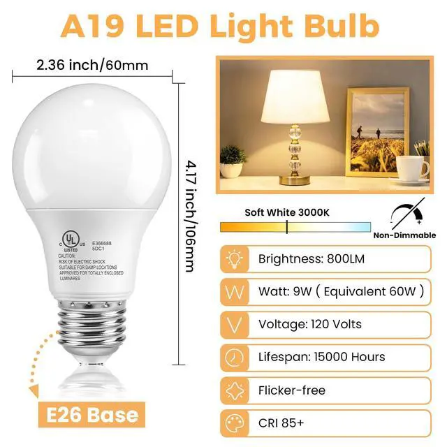 Alt view image 2 of 7 - 4 Pack A19 LED Light Bulbs, 60 Watt Equivalent, Soft Warm White 3000K, Energy Efficient 9W, E26 Base Standard LED Bulb, 120V, 800 Lumen Lightbulbs for Bedroom Indoor Lamp, Non-Dimmable, UL Listed
