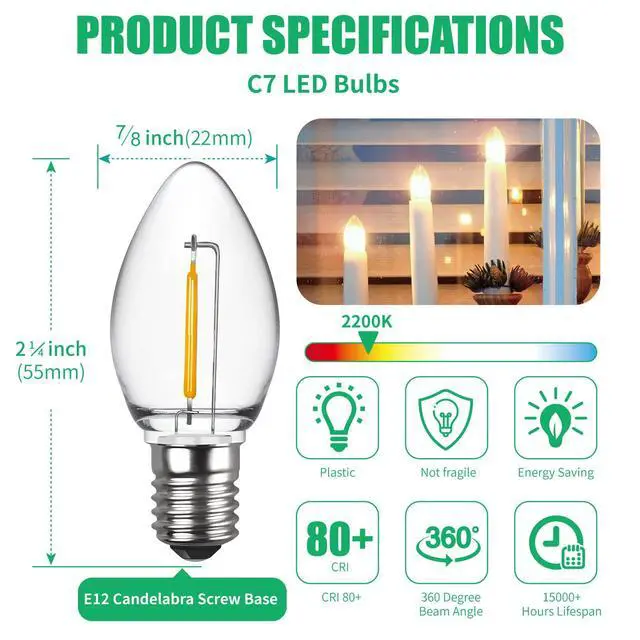Alt view image 2 of 7 - C7 LED Night Light Bulbs, Shatterproof LED Replacement Bulbs for Window Candles & Chandeliers, E12 Candelabra Base, 0.6 Watt Equivalent to 7Watt Incandescent Bulb, Warm White,6 Pack