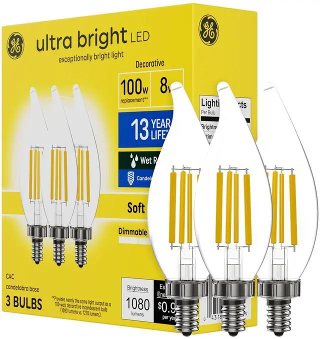 Main image of Ultra Bright LED Light Bulbs, 100W, Soft White Candle Lights, Clear Decorative CA12 Light Bulbs, Candelabara Base (3 Pack)