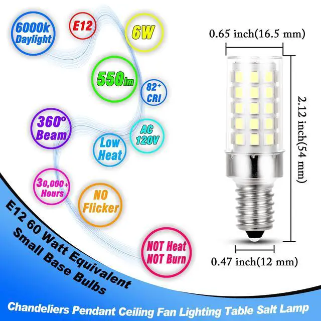 Alt view image 6 of 7 - E12 Candelabra LED Light Bulbs 60 Watt Equivalent 6W 6000K Daylight White 550lm E12 C7 T6 Small Base for 120 Volt Chandelier Pendant Ceiling Fan Lighting Table Salt Lamp, Non-dimmable, 4 Pack
