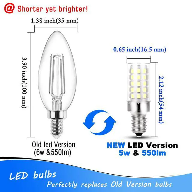 Alt view image 4 of 7 - E12 Candelabra LED Light Bulbs 60 Watt Equivalent 6W 6000K Daylight White 550lm E12 C7 T6 Small Base for 120 Volt Chandelier Pendant Ceiling Fan Lighting Table Salt Lamp, Non-dimmable, 4 Pack