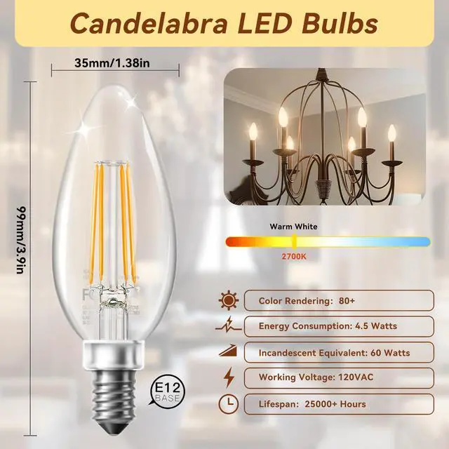 Alt view image 2 of 7 - LED Candelabra Bulbs Dimmable, 60W Equivalent Chandelier Light Bulb, E12 Small Base, 4.5W 2700K Soft Warm White, B11 Vintage Filament Clear Glass Candle Light for Ceiling Fan Chandeliers, 12Pack