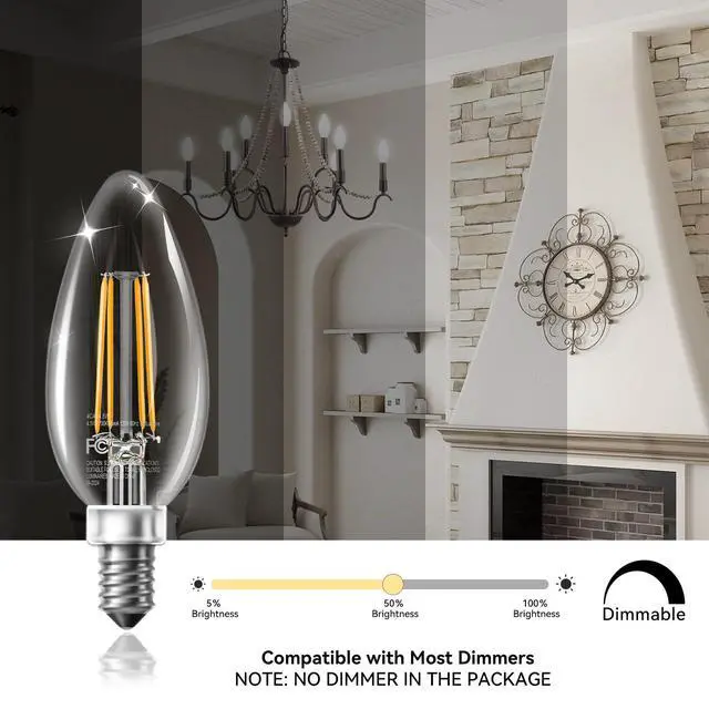 Alt view image 3 of 7 - LED Candelabra Bulbs Dimmable, 60W Equivalent Chandelier Light Bulb, E12 Small Base, 4.5W 2700K Soft Warm White, B11 Vintage Filament Clear Glass Candle Light for Ceiling Fan Chandeliers, 12Pack