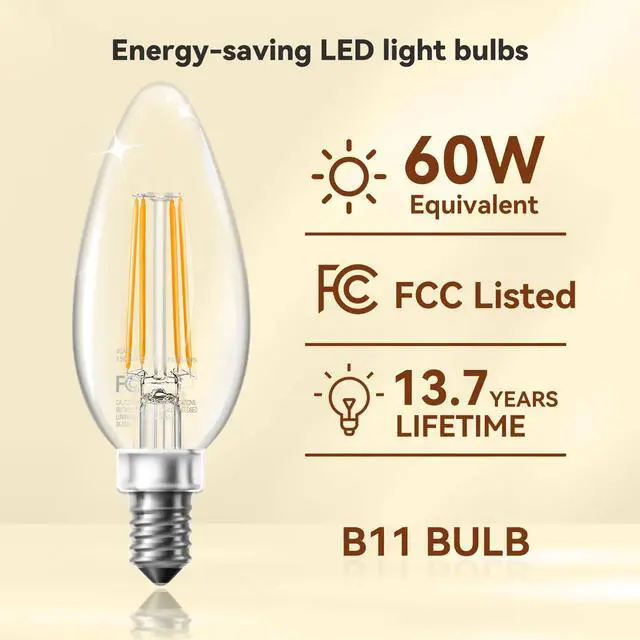 Alt view image 6 of 7 - LED Candelabra Bulbs Dimmable, 60W Equivalent Chandelier Light Bulb, E12 Small Base, 4.5W 2700K Soft Warm White, B11 Vintage Filament Clear Glass Candle Light for Ceiling Fan Chandeliers, 12Pack