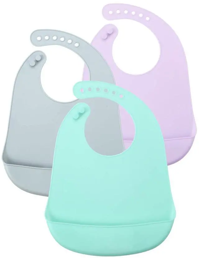Main image of 3 Pack Waterproof Silicone Baby Bibs| Super Thin Light Weight Feeding Bib with Food Catcher Pocket for Toddler (Blue/Purple/Grey)