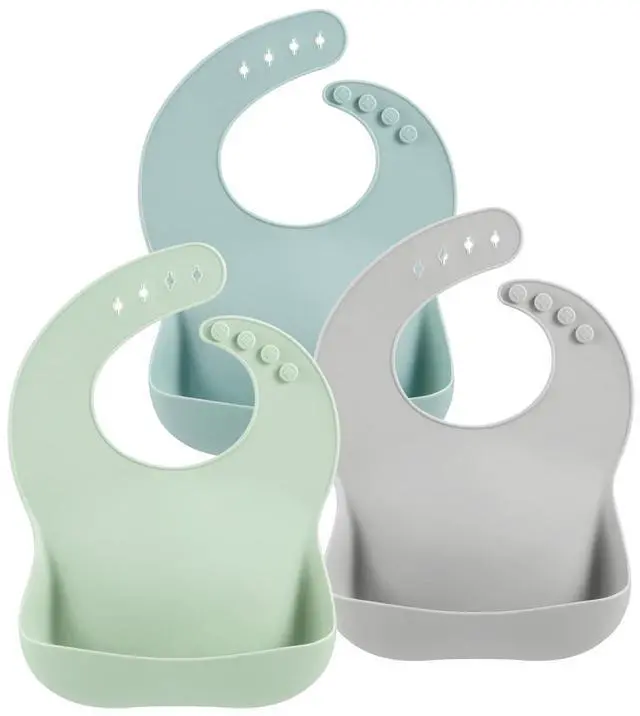 Main image of 3-Pack Silicone Baby Bibs for Infants & Toddlers - Waterproof Soft Food Catcher Pocket - Easy Wipe & Dishwasher Safe - Adjustable Fit (Lake Green, Blue, Grey)