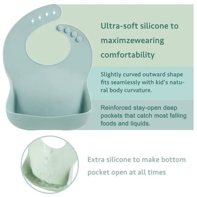 Alt view image 3 of 7 - 3-Pack Silicone Baby Bibs for Infants & Toddlers - Waterproof Soft Food Catcher Pocket - Easy Wipe & Dishwasher Safe - Adjustable Fit (Lake Green, Blue, Grey)