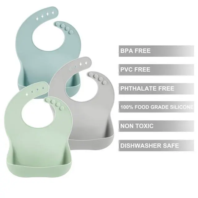 Alt view image 5 of 7 - 3-Pack Silicone Baby Bibs for Infants & Toddlers - Waterproof Soft Food Catcher Pocket - Easy Wipe & Dishwasher Safe - Adjustable Fit (Lake Green, Blue, Grey)
