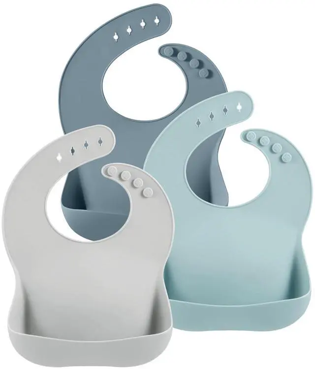 Main image of 3 Pack Silicone Bibs for Boys Girls for Babies & Toddlers, Waterproof Feeding Bib with Large Food Catcher, BPA Free (Blue & Gray)