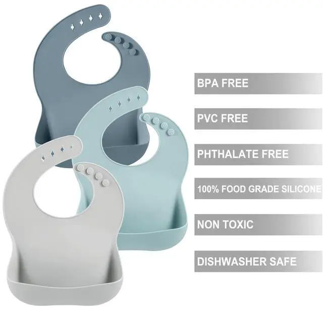 Alt view image 3 of 7 - 3 Pack Silicone Bibs for Boys Girls for Babies & Toddlers, Waterproof Feeding Bib with Large Food Catcher, BPA Free (Blue & Gray)
