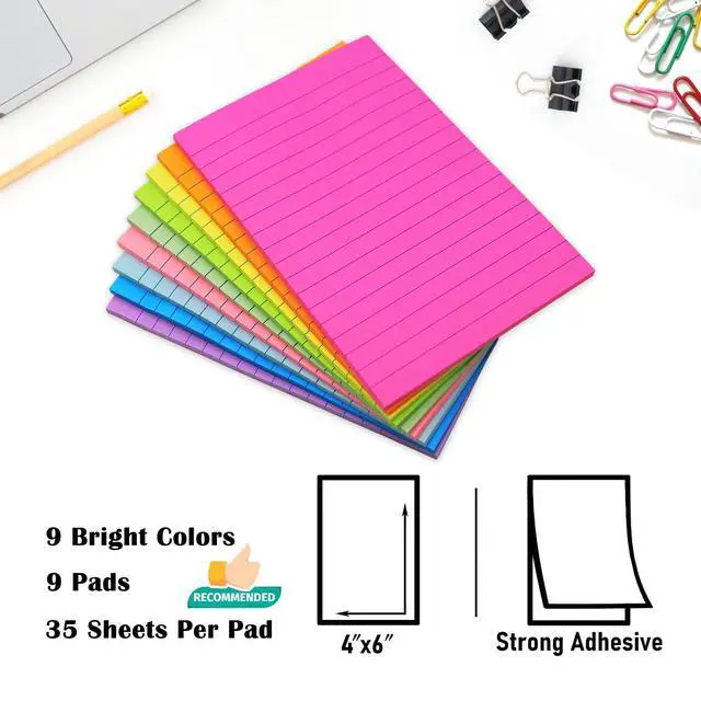 Alt view image 2 of 6 - 9 Pack Lined Sticky Notes 4x6 in Post Sticky Notes with Lines, 9 Bright Colors Self Sticky Notes Pad Its, Large Ruled Sticky Note for Office, Home, 35 Sheets/Pad