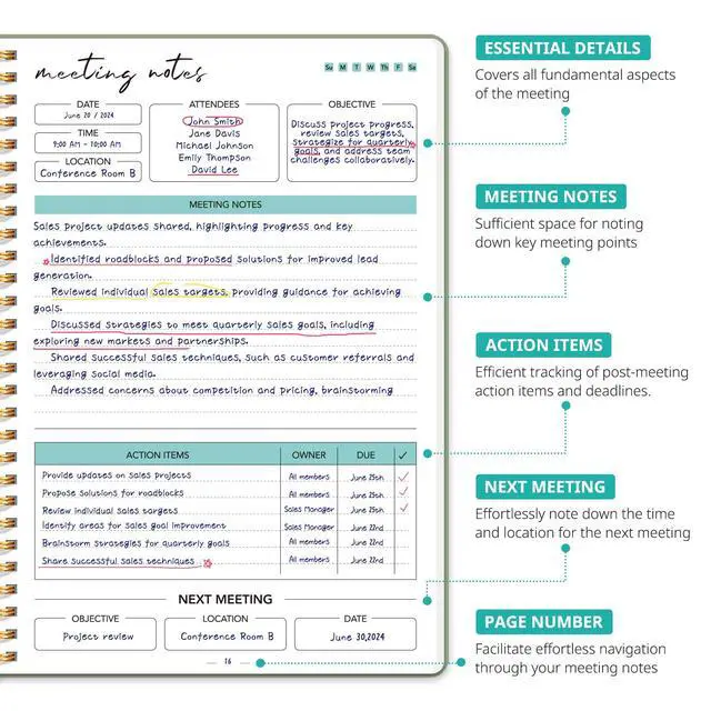 Alt view image 2 of 7 - Meeting Notebook for Work Organization - Work notebook with action items, Meeting Minutes Planner Notebook, Perfect Office Supplies for Men & Women - Green